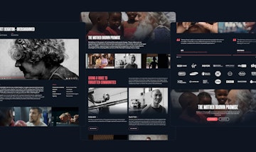The image shows three previews of the website on desktop. On the left the preview is the work entry page for the Matt Deighton film. On the right there is a preview of the call to action to the Mother Brown Promise page. In the centre is the promise page, with a slideshow of images and links to recent projects.