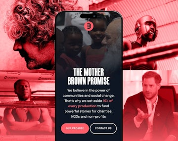 Mother Brown Films project image. The image shows a collage of project images in the background with a red overlay. A phone sits above the a preview of the website homepage.