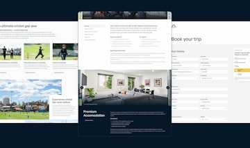 Image shows previews of the new website on desktop. In the left is the sports page, detailing the values of a cricket gap year. On the right there is a preview of the booking system. In the centre a preview of the gap year entry page, with details of the trip and images of the accomodation.