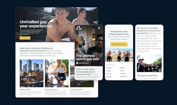 This image shows a desktop and mobile views of the new website. The desktop view is on the left with a call to action and gap year features section. Slightly overlaid on the right are 3 previews of the website on mobile, covering the homepage, the footer call to action and the sports entry page.