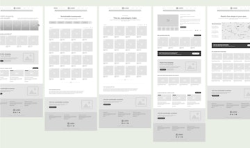 The image shows wireframe prototype previews of the Sustainable Shopping website on desktop