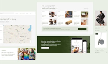 The image shows previews of the websites as a stylised collage. Snippets include a newsletter call to action, search results page, example product cards, a map view of zero waste stores and a preview of the blog articles.