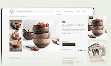 Sustainable Shopping header image. The image shows a mockup of a tablet screen containing the product pages as a preview. On the right there are two product cards overlaid in a stylised collage.